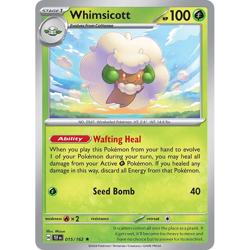 Whimsicott 015/162 Rare Reverse Holo Pokemon Card (SV Temporal Forces)